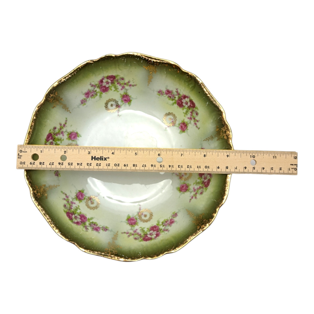 Vintage Serving Bowl Made In Germany Green Hand Painted Pink Roses Gold Gilded - Picture 2 of 12